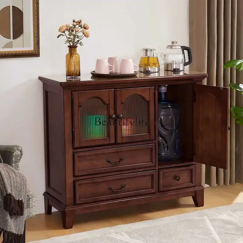 

02 ls 18American all-solid wood tea cabinet, kettle integrated living room wall storage side cabinet