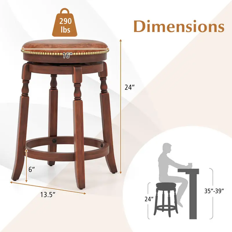 

24 Inch Swivel Bar Stool Set of 2 with Upholstered Seat and Rubber Wood Frame-24 inches