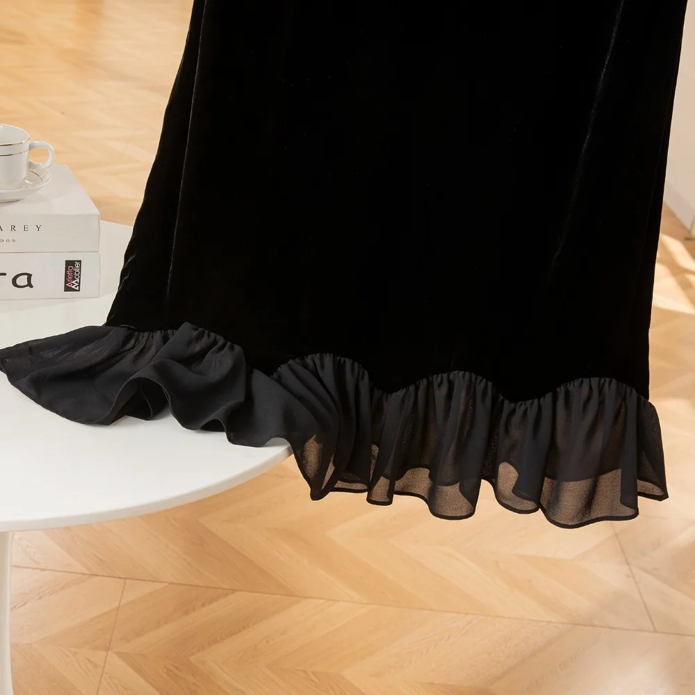 2025 Women's Autumn New Style 30% Natural Mulberry Silk Velvet Spliced Mesh High Waist Temperament Versatile Bag Hip Skirt