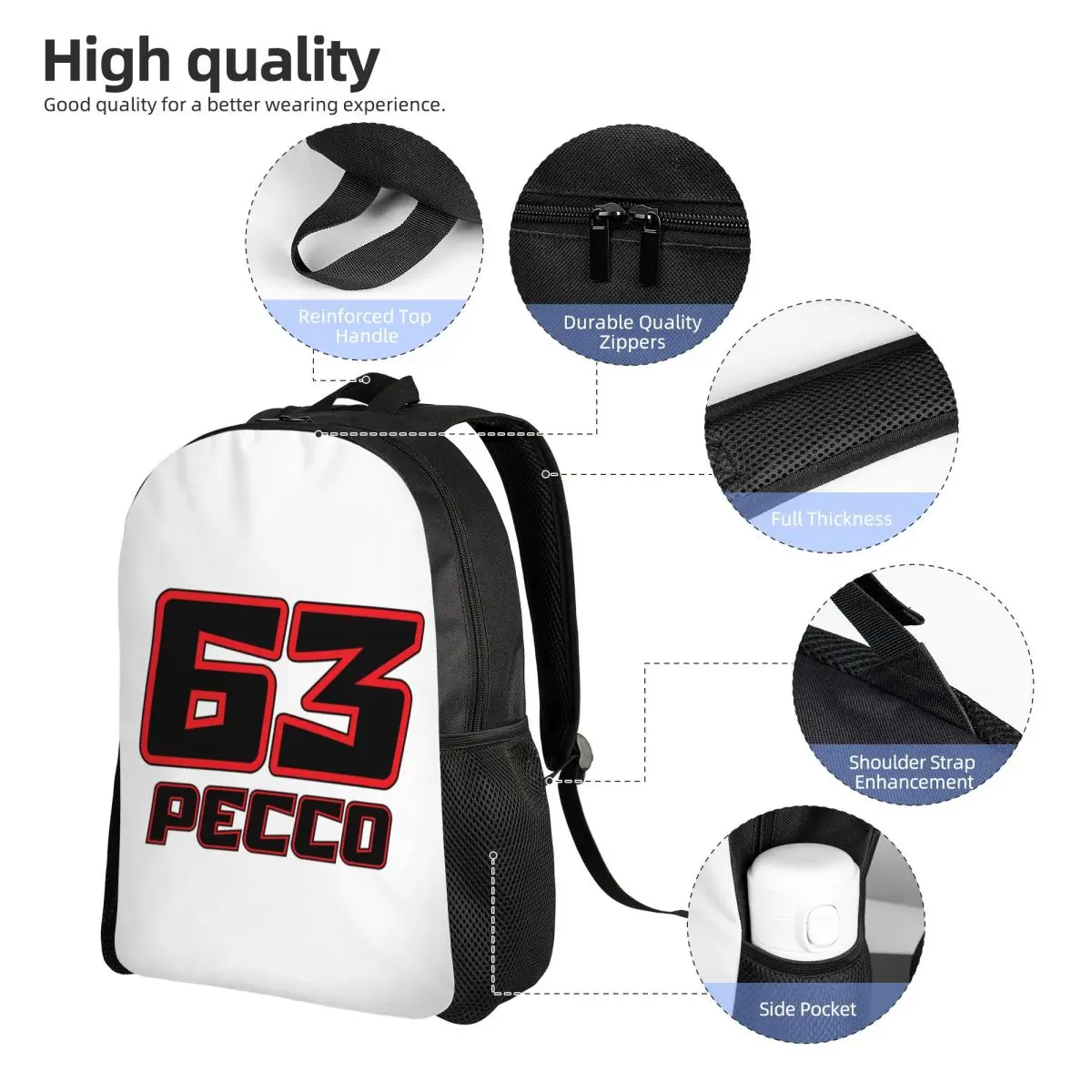 Pecco Bagnaia 63 バックパックホットセールデイパック大容量男の子女の子ブックバッグスクールバッグショルダーバッグ男性女性