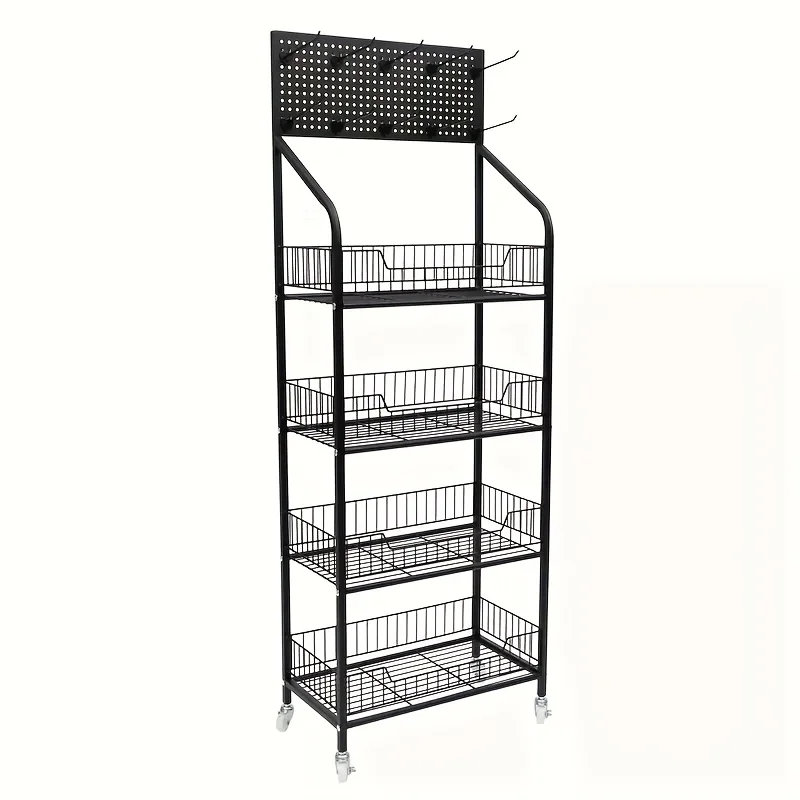 4-Tier Display Rack with Wheels, 15 Hooks Included Painted Surface, Independent Shelves, Floor Installation, Multi-Functional