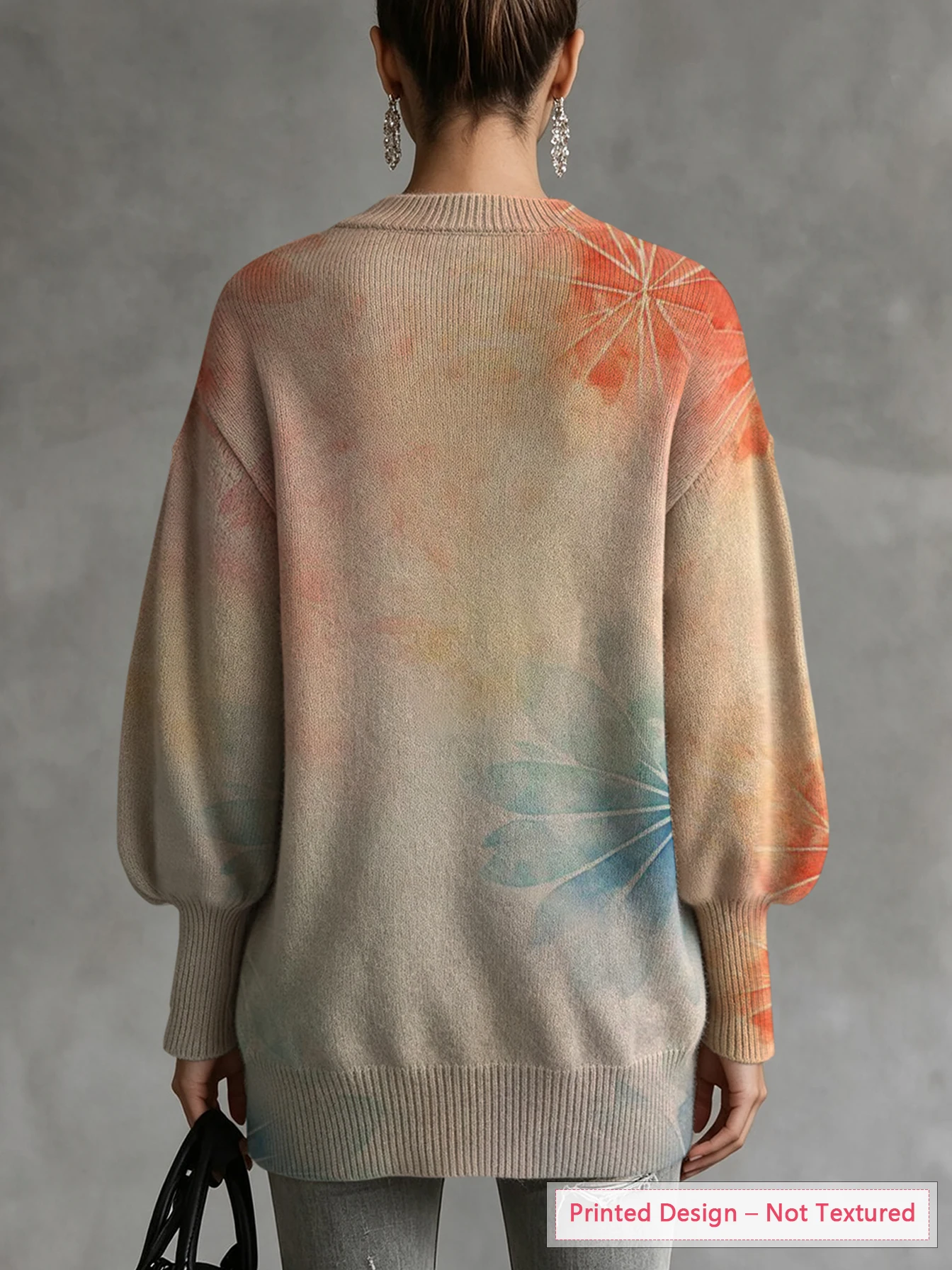 Women's Thin Sweater with Tie-Dye Floral Print, Diagonal Hem and Lantern Sleeve Design, Suitable for Autumn and Winter Wear