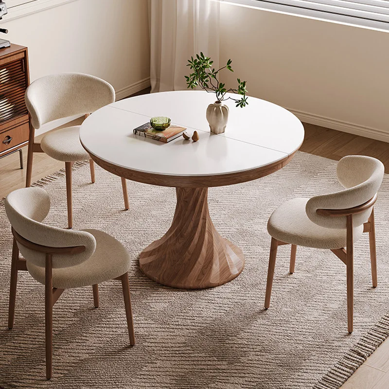 Small apartment solid wood retractable round dining table household rock slab folding dining table