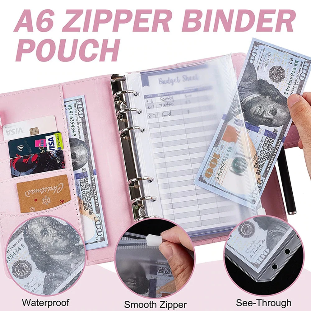 2024 Budget Binder A6 PU Leather Notebook Cash Envelopes System Set Clip-On Binder Pockets For Money Saving Bill Organizer Gifts