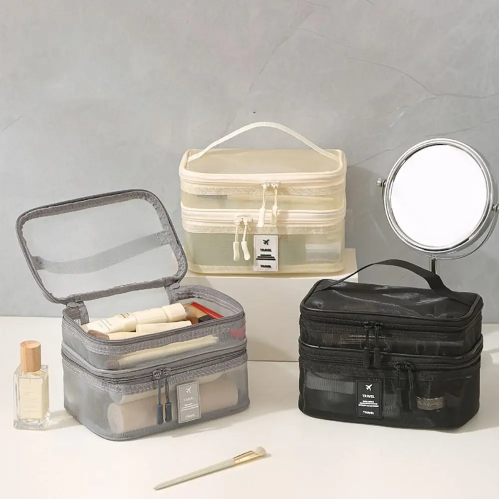 Zipper Mesh Cosmetic Bags Transparent 1/2/3 Layers Double-layer Storage Bag Multifunctional Large Capacity Toiletries Organizer