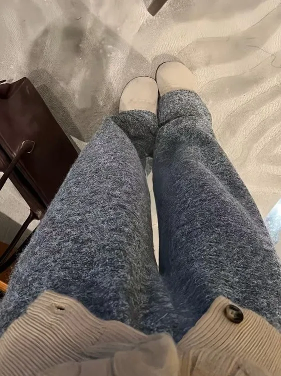 

Корейские утепленные шерстяные брюки-палаццо свободного прямого кроя для осени и зимы, теплые длинные повседневные брюки для женщин