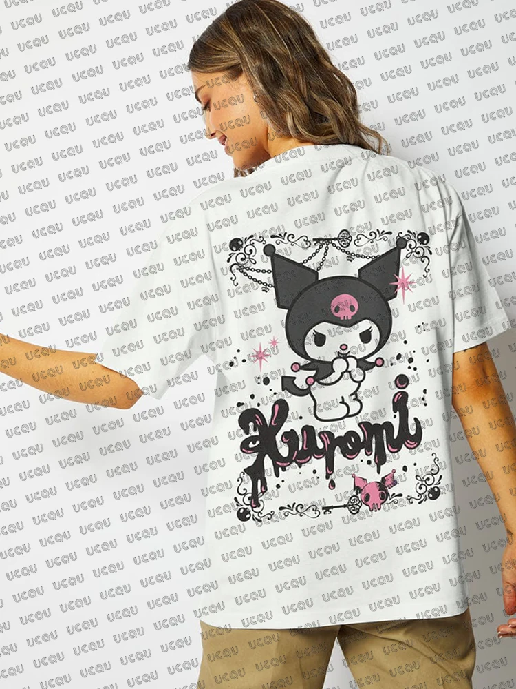 

Sanrio Kuromi Tshirts For Women Summer Round Neck Cotton Short Sleeve Tshirt Fruit Hobby Art Aesthetics Tees Oversized Y2K Tops