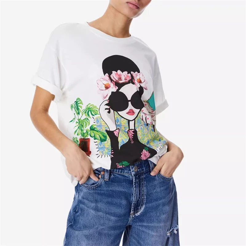 

Summer new women's round neck pure cotton Chinese style Peking Opera face print short-sleeved T-shirt y2k fashion casual top