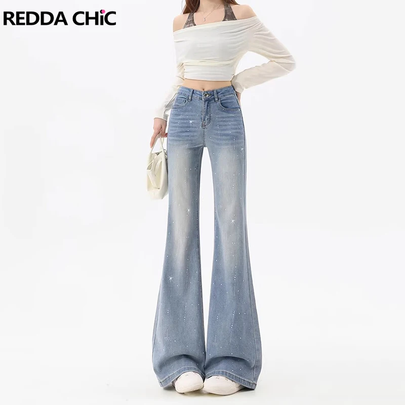 

REDDACHiC Rhinestone Shiny Women Flared Jeans Y2K Party Relaxed High Waist Pockets Distressed Bell Bottoms Vintage Streetwear