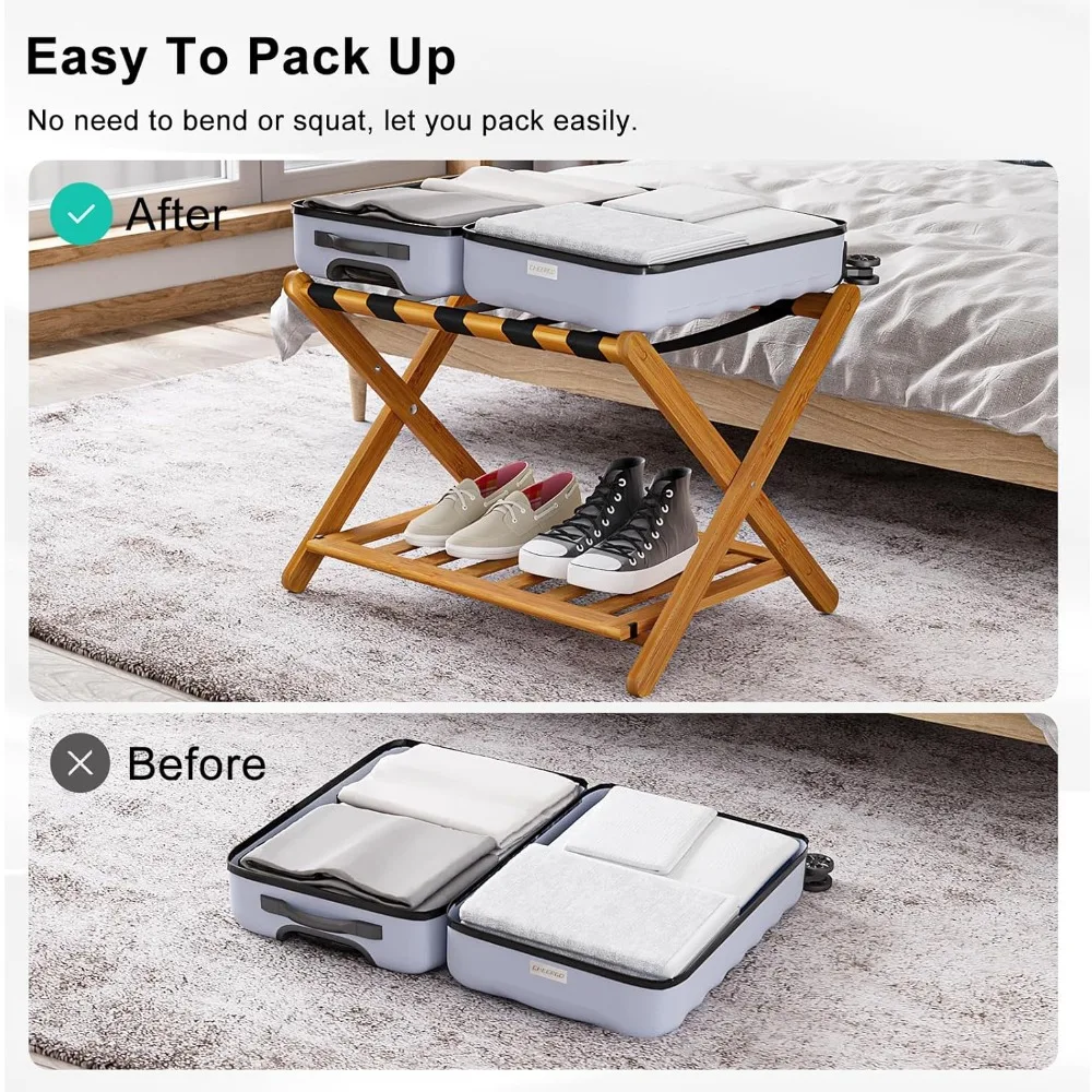 خزانة تخزين / رف أمتعة عسل مجمع بالكامل، حامل حقيبة قابل للطي من الخيزران مع 5 أشرطة من النايلون، حامل أمتعة #5