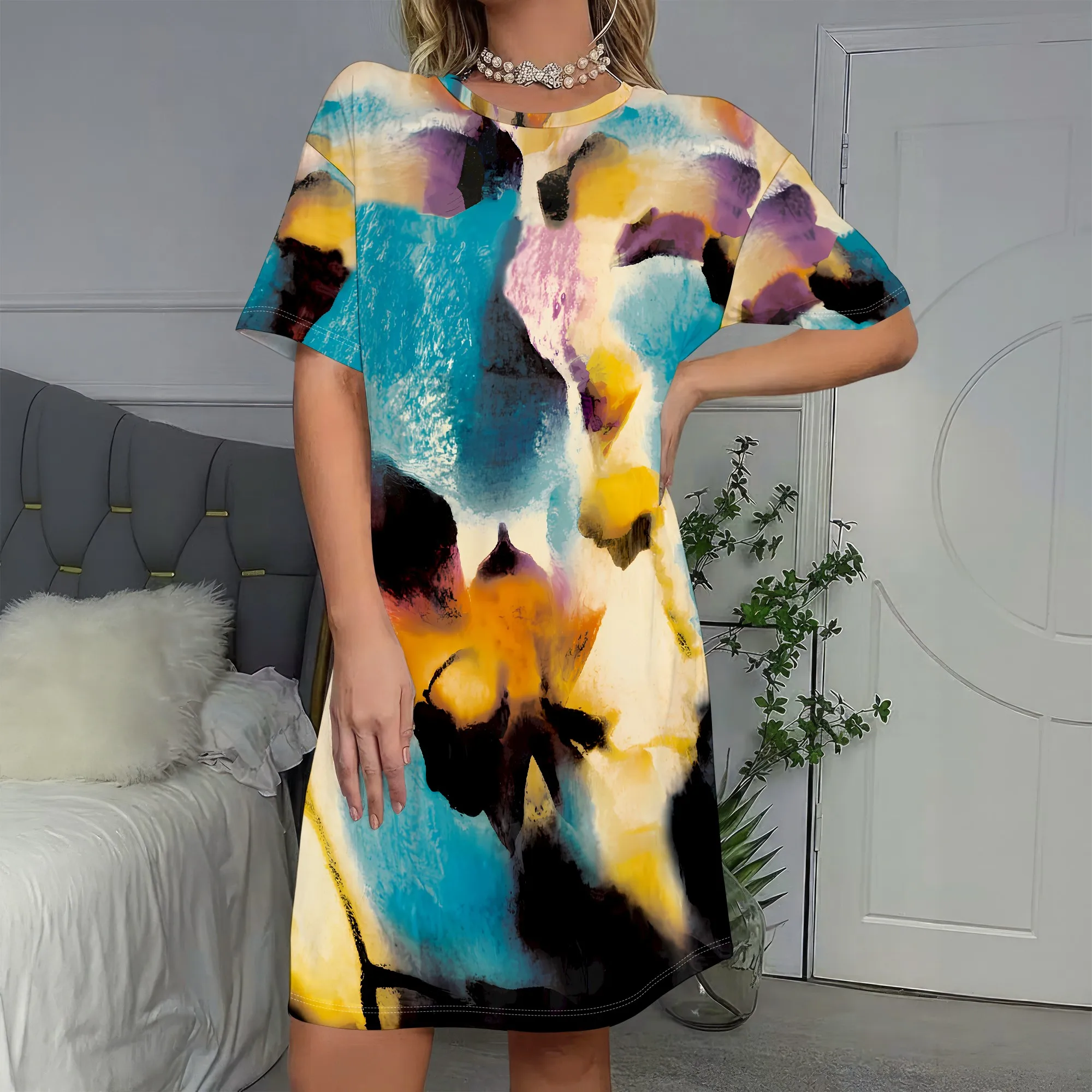 

Abstract Art Print, Short Sleeve Dress, Loose Fit Shift, Colorful Pattern, Casual Summer Wear, Women's Fashion, S-2XL