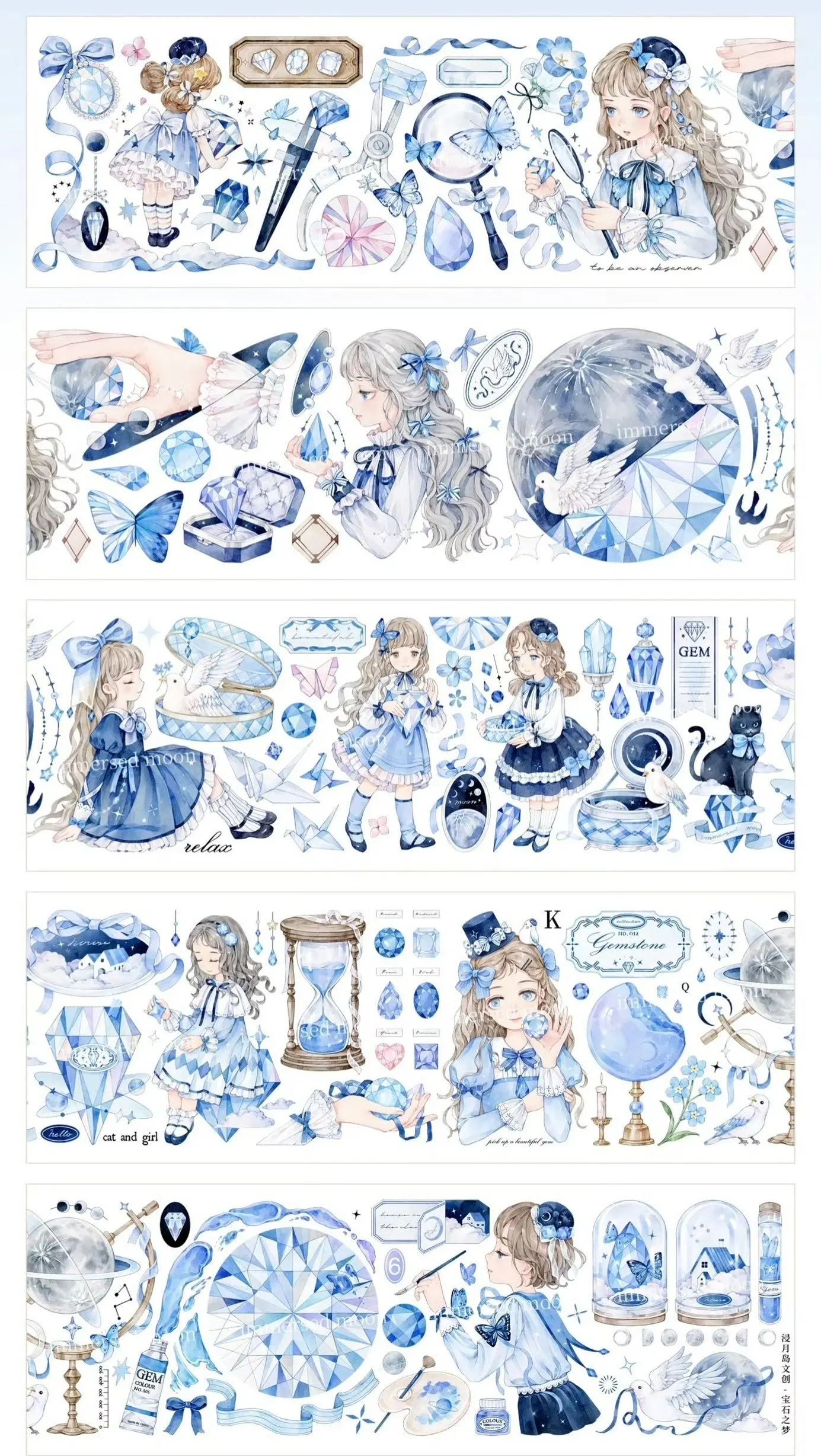 

3Loops Immerse Moon Island Washi PET Tape Samplers / Gemstone Dream / Blue Pink Soft Fragrance / Bird Notebook / Toy Dream