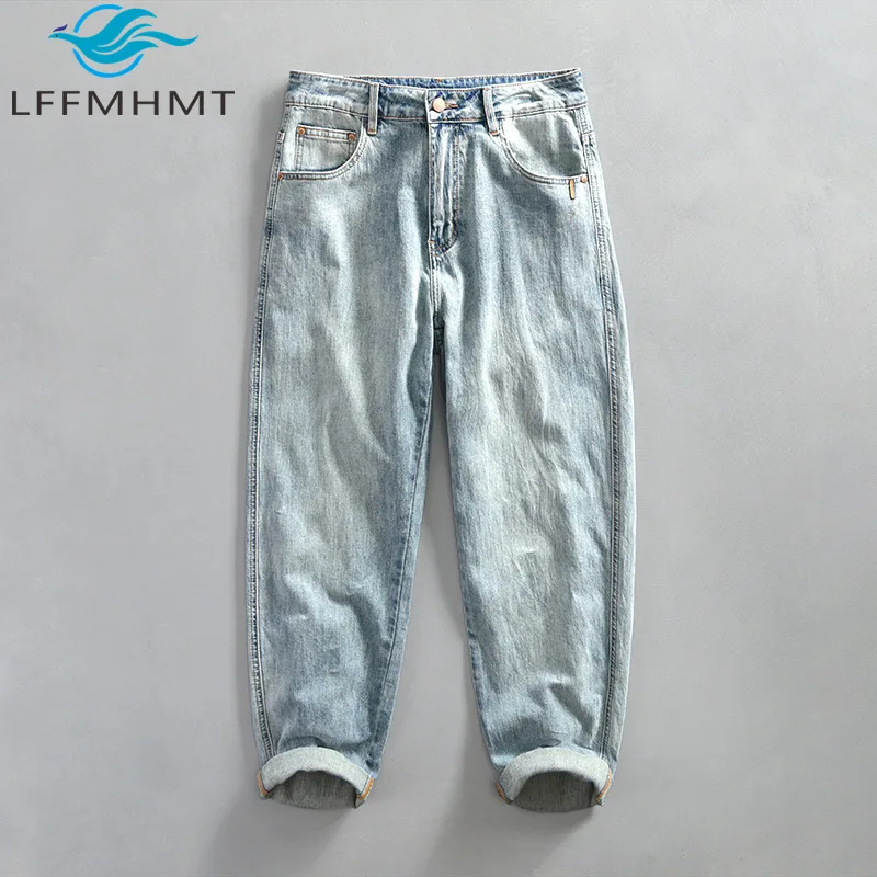 Men Vintage Washed Denim Jeans Solid Classic Relax Fit Good Quality Loose Straight Leg Multi Pocket Casual Pants