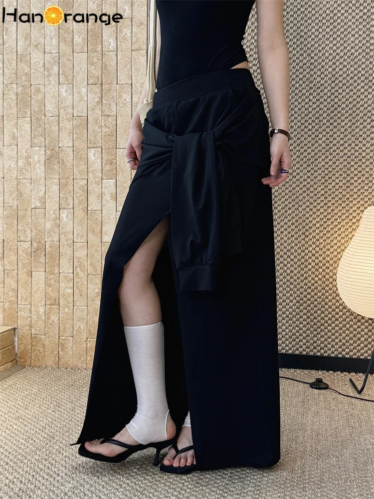 HanOrange 2026 Summer Structural Waist Sleeve Tie-Up Midi Skirt Wraparound Long Skirt Black/Gray