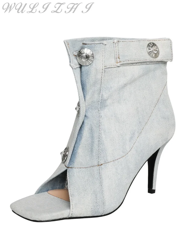Denim Blue Open Toe Short Boots Large Size Women Ankle Boots Summer Rivet Button Belt Buckle Stiletto High Heel Lady Pumps
