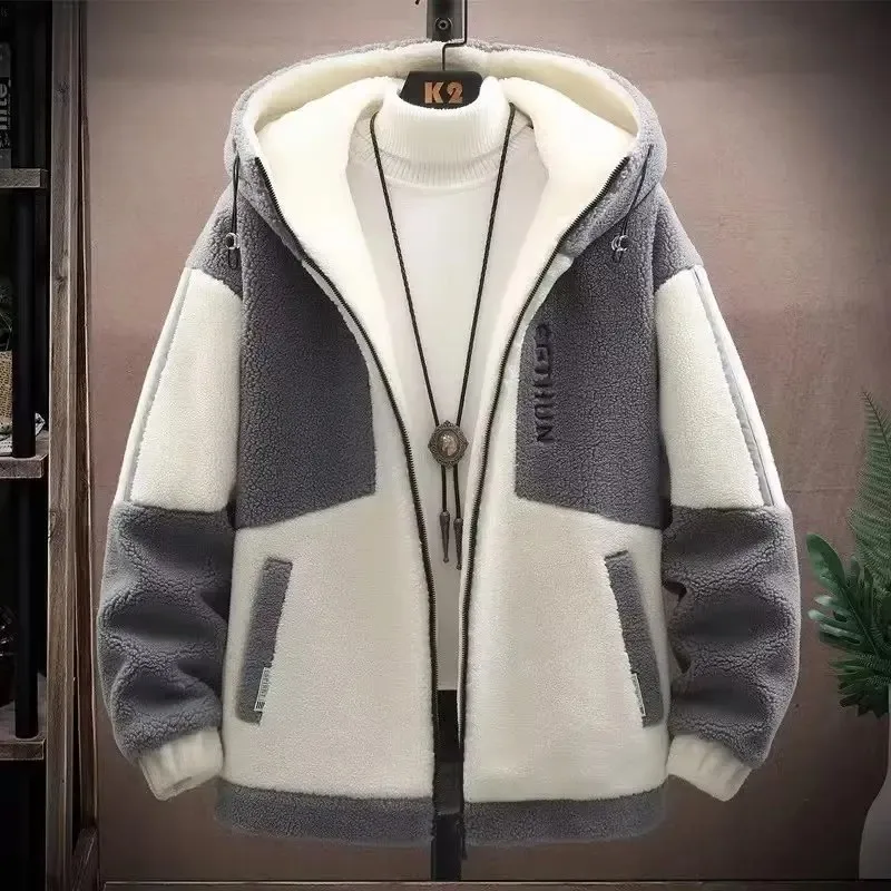 Winter and Autumn Granular Fleece Thicken Streetwear Men Jacket Coats Casual Hooded Lambswool Color Matching Keep Warm Fashion