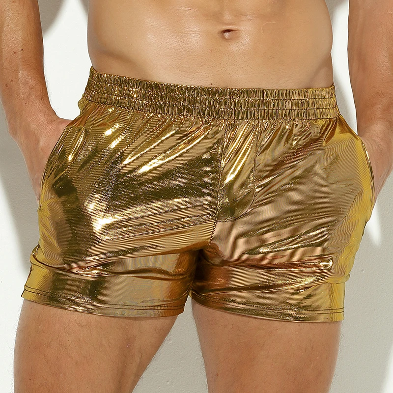 

Male Faux Leather Boxers Shorts Shiny Underwear Muscle Men's Solid Gold Black Soft Stretch PU Leather Shorts