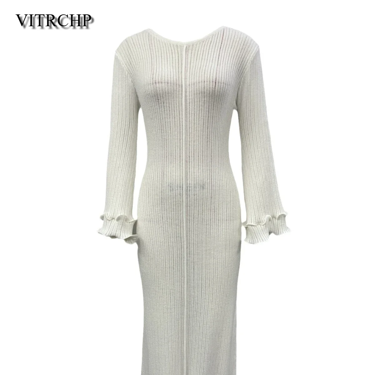 

Elegant O-Neck Knit Dresses Women Long Sleeve Backless Knit Maxi Dresses White Slim Fashion Long Dress Chic Ruffles Streetwear