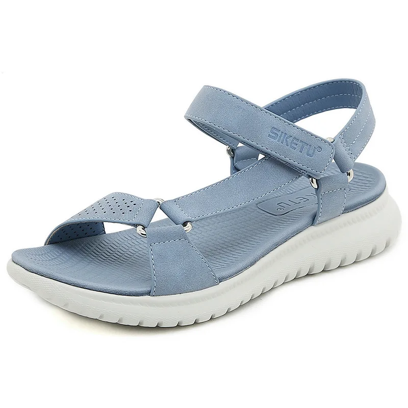 SIKETU Brand Summer Fashion Flat Heel Sandals Women Novelty Cut Out Vamp Adjustable Buckle Daily Shoes Hook Loop Beach Soft Blue