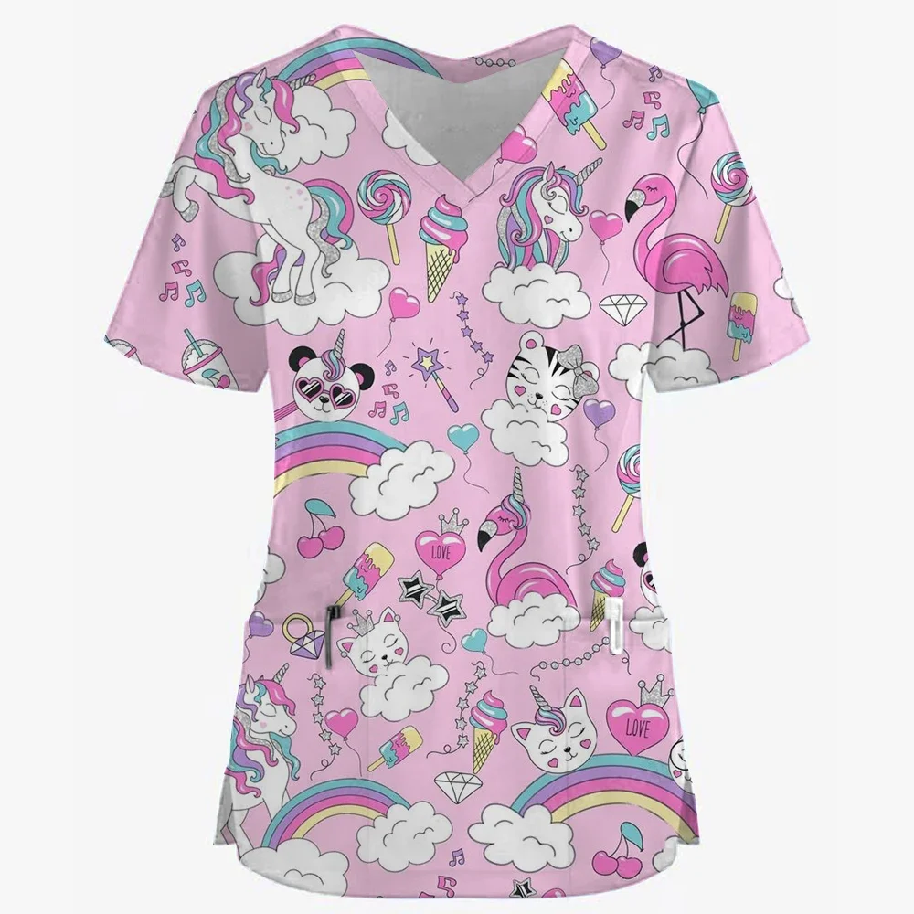 

Medical Blouse Clinic Hospital Workwear Healthcare Nurse Cat Print Uniform Carer Working Short Sleeve Tops Women T-shirt Nursing