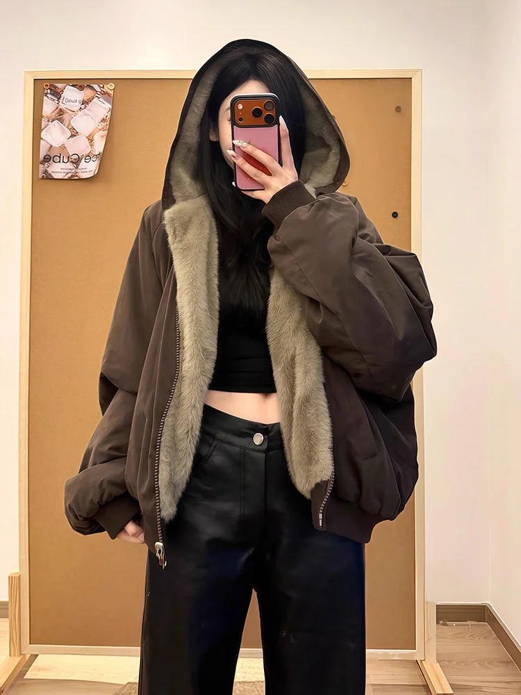 Damen Double-Sided Wear Baumwolle Jaet Winter Thi Oberbekleidung American Lazy Sle Commute Koreanische Version Long Sve Reißverschluss