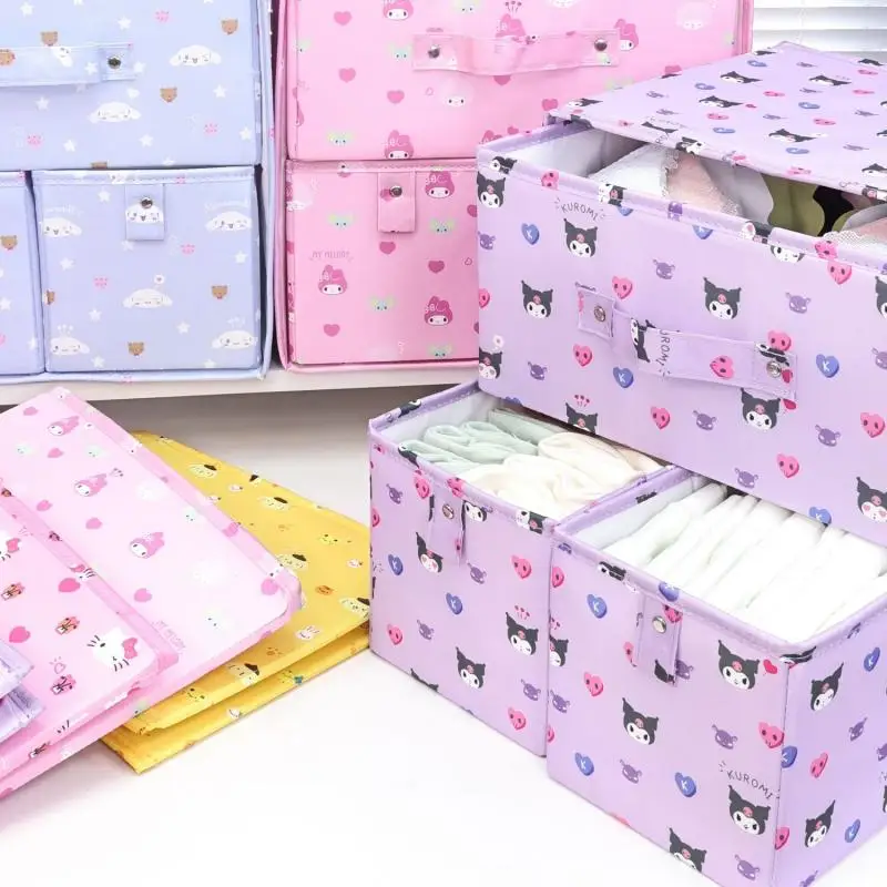 Kawaii Kuromi Cinnamoroll Foldable Storage Box Student High Capacity Clothing Storage Box Dust-Proof Underwear Sock Storage Box