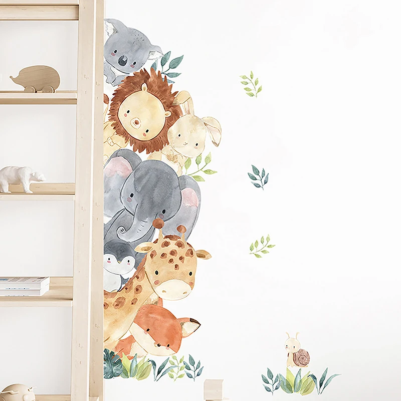 Door Stickers Cute Jungle Animals Elephant Giraffe Watercolor Wall Sticker for Kids Room Baby Nursery Room Decals Home Decor