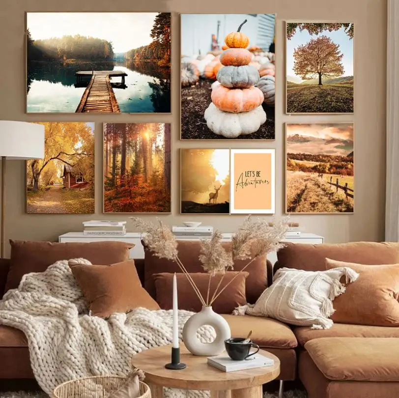 Autumn Country Landscape Lake Tree Animal Deer Forest Canvas Prints and Posters Pumpkin Reed Painting Living Room Picture Decor