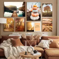 Autumn Country Landscape Lake Tree Animal Deer Forest Canvas Prints and Posters Pumpkin Reed Painting Living Room Picture Decor