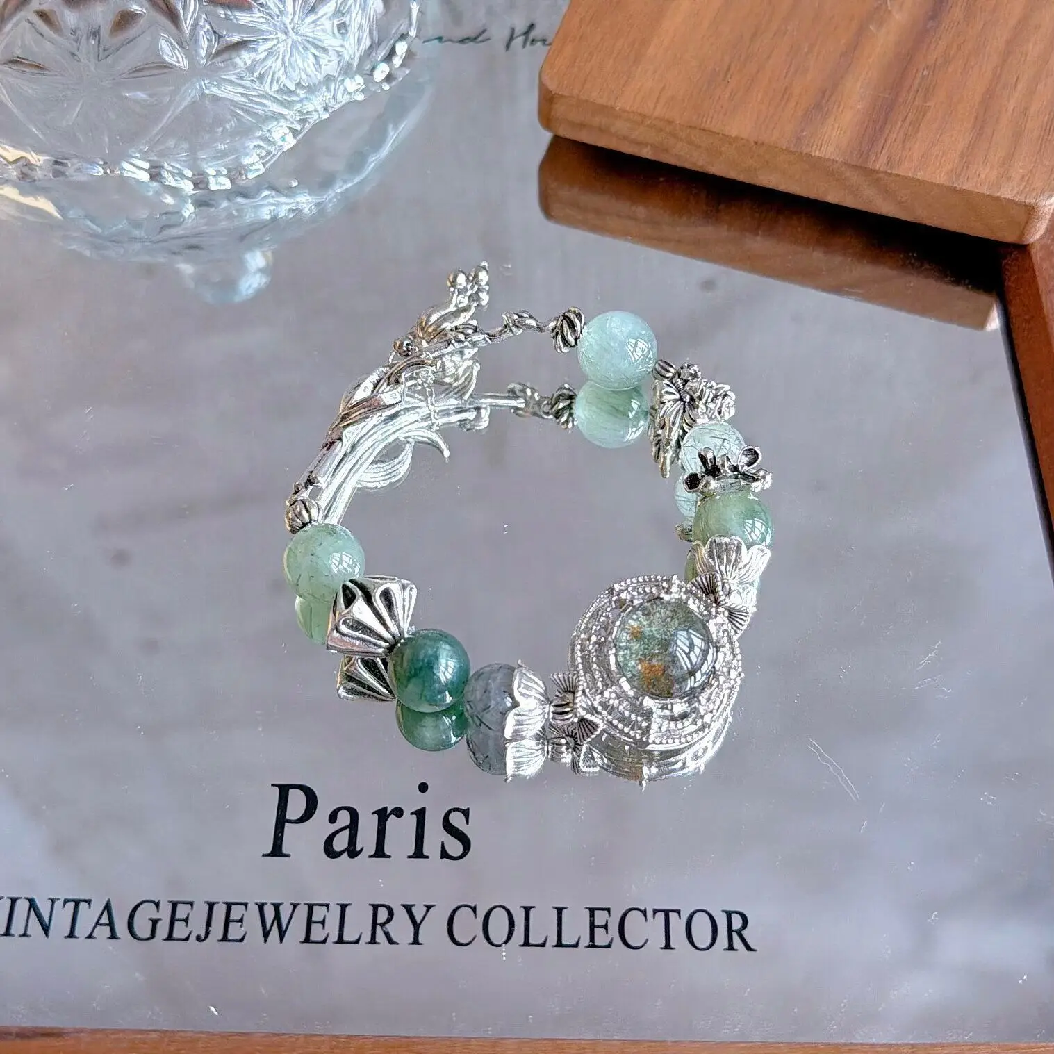 Chinese Style Fengshui Lucky Green Rutilated Quartz Half Bangle Bracelet 12-14mm Natural Crystal Silver Jewelry Blessing Wealth