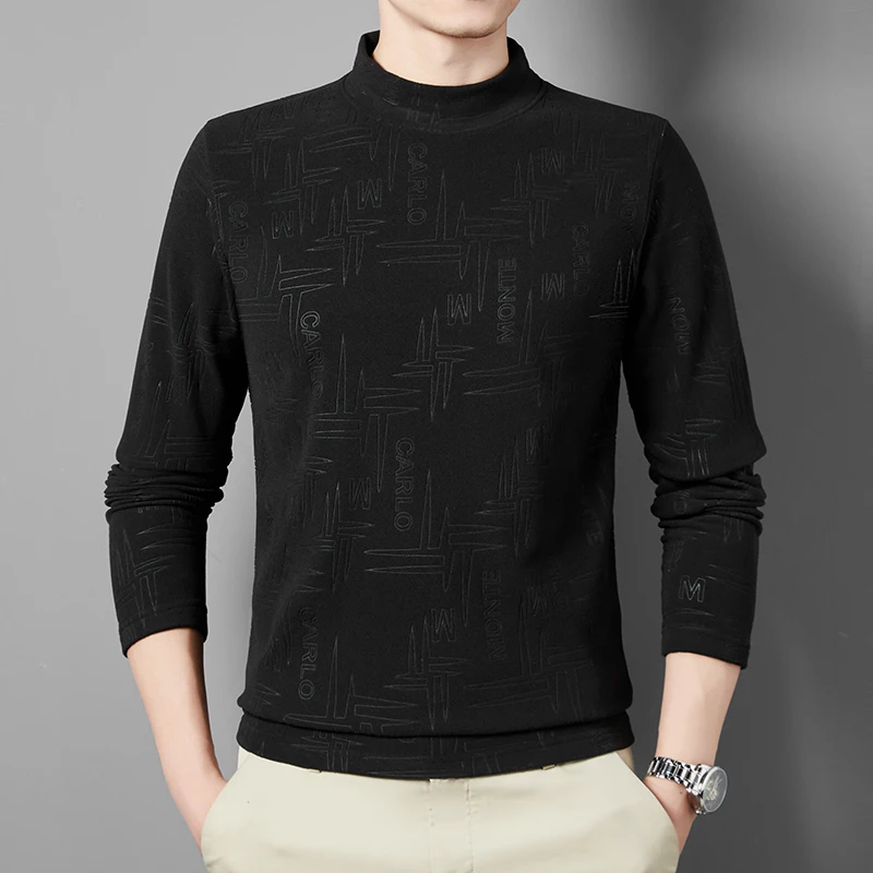

Мужская футболка с длинным рукавом, новый осенне-зимний теплый свитер из термоткани с тиснением базового слоя, повседневный пуловер с полувысоким воротником