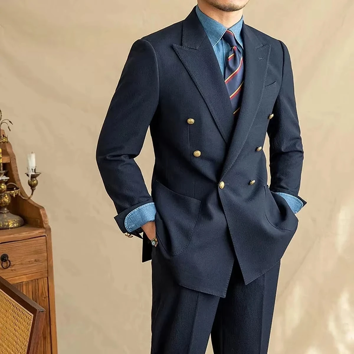 

Двухпуговичный мужской костюм Slim Fit, деловой костюм из 2 предметов: пиджак и брюки, металлические пуговицы, однотонный мужской комплект.
