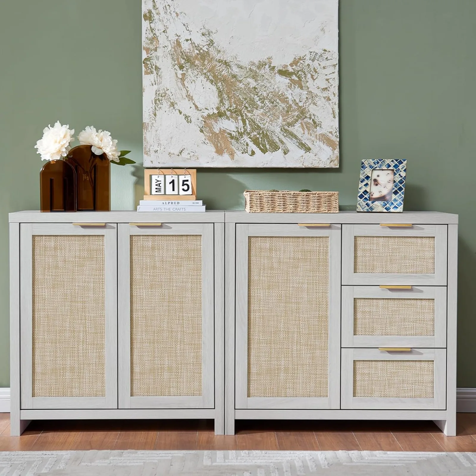 US Set, Rattan Sideboard Buffet Cabinet with 3 Doors and 3 Drawers, 65.4