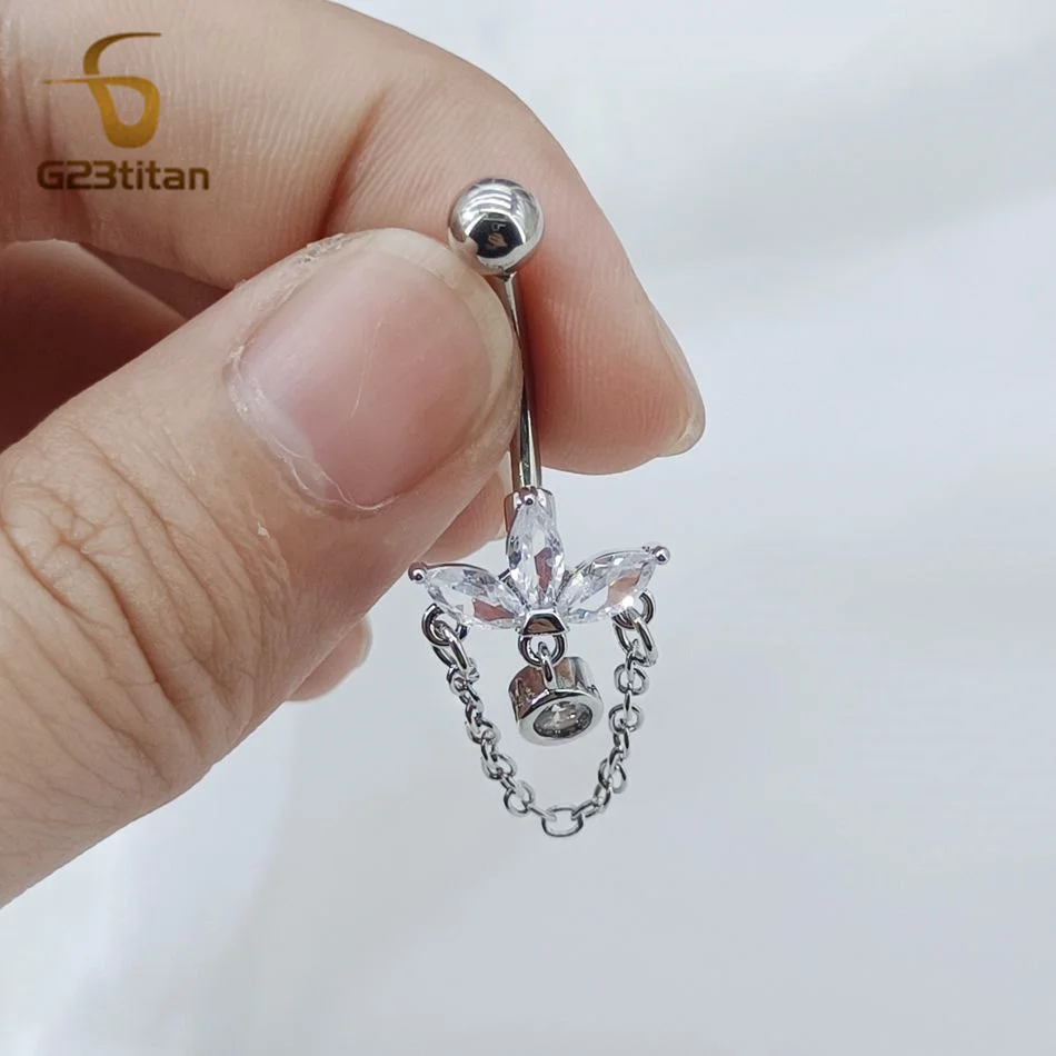 Boho Lotus Flower Belly Ring Dangling Chain CZ 14G Titanium Navel Piercing Jewelry Women Summer Crop Top Accessory Silver Color
