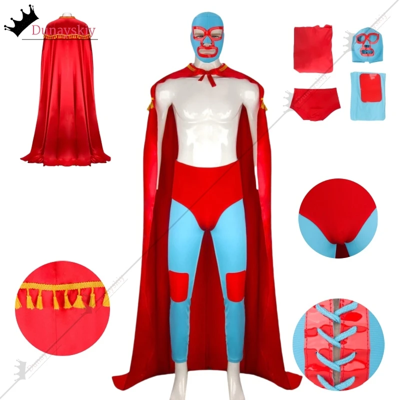 New Men's Nach0 Cosplay Costume Mexican Wrestling Libre Red Cloak Mask Pants Shorts Full Set Adult Halloween Carnival Costumes