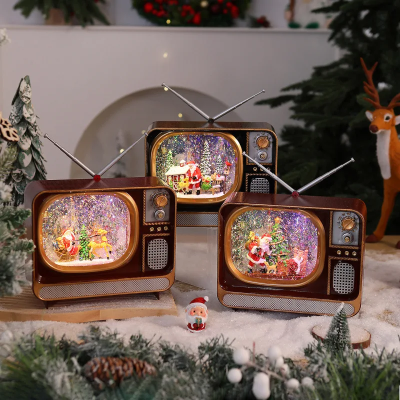 Christmas Retro TV Colorful Light Snow Music Box Santa Claus Gift Window Display Christmas Tree Decoration