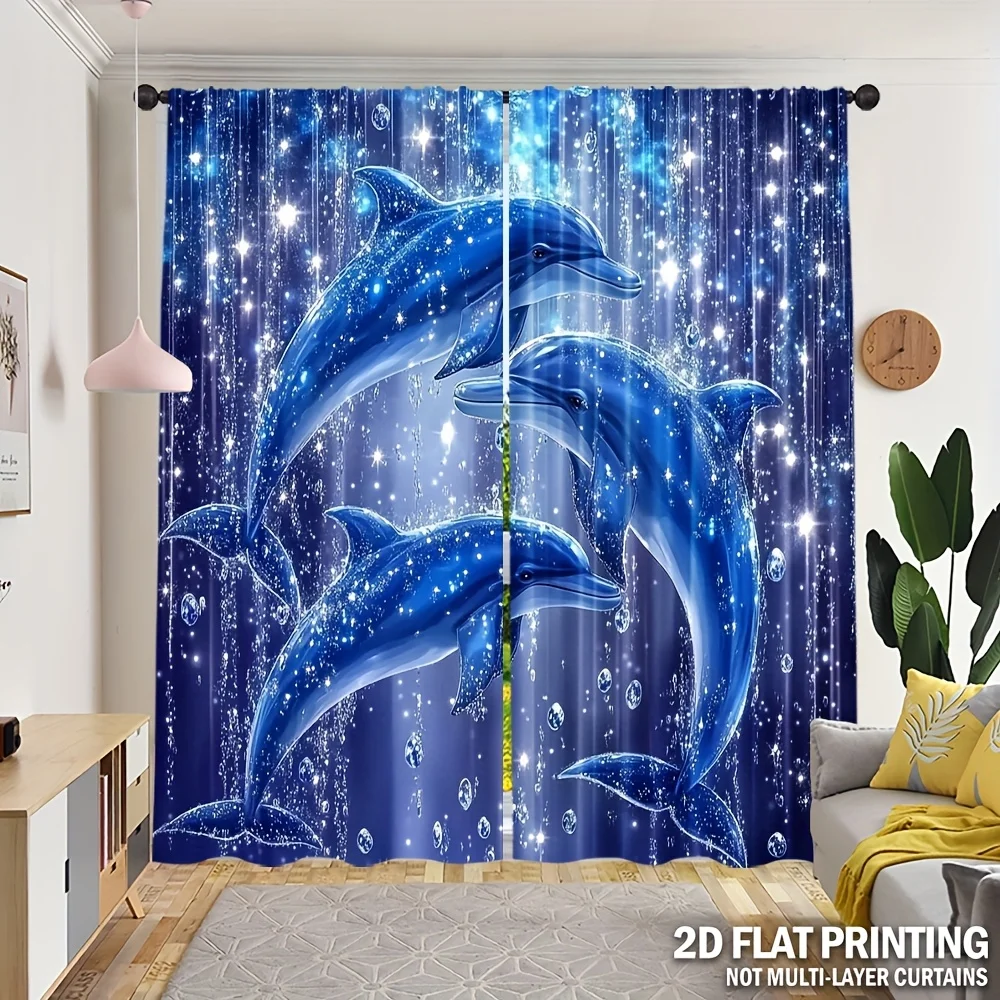 Sparkle Dolphin Rod Pocket Curtain Trio Bright Blue Dolphins Glitter Star Bubble Deep Sea Pattern For Bedroom Living Room Home