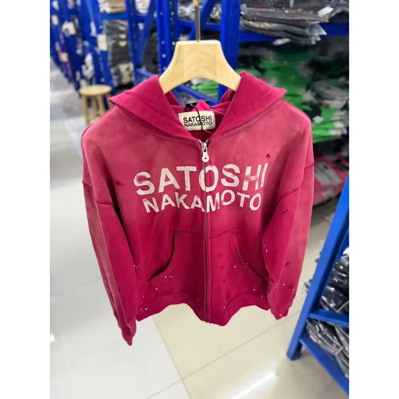 2026 New SATOSHI NAKAMOTO Unisex Casual Oversized Splatter Paint Washed Distressed Zip‑Up Hoodie