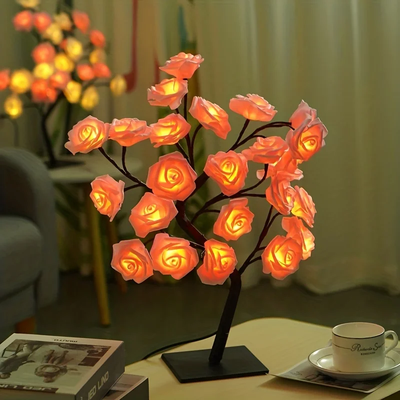 Enchanting Rose Tree USB Lamp - Adjustable LED Night Light w/ Detachable Base & Warm White Glow for Home/Office Decor
