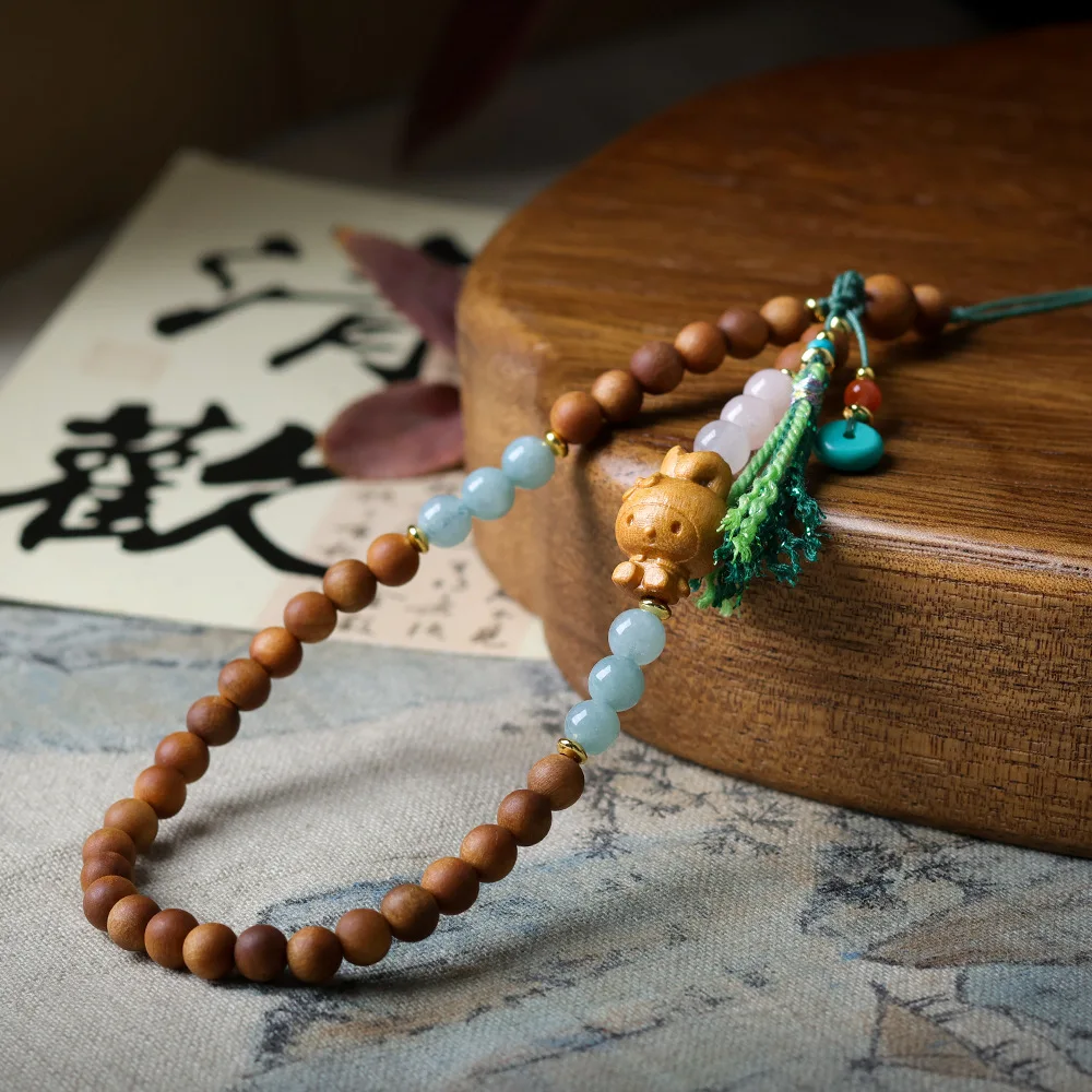 Handcrafted Sandalwood Pendant Original Artisan Craft Folded-Ear Melody Design Wrist Phone Chain Bag Accessory