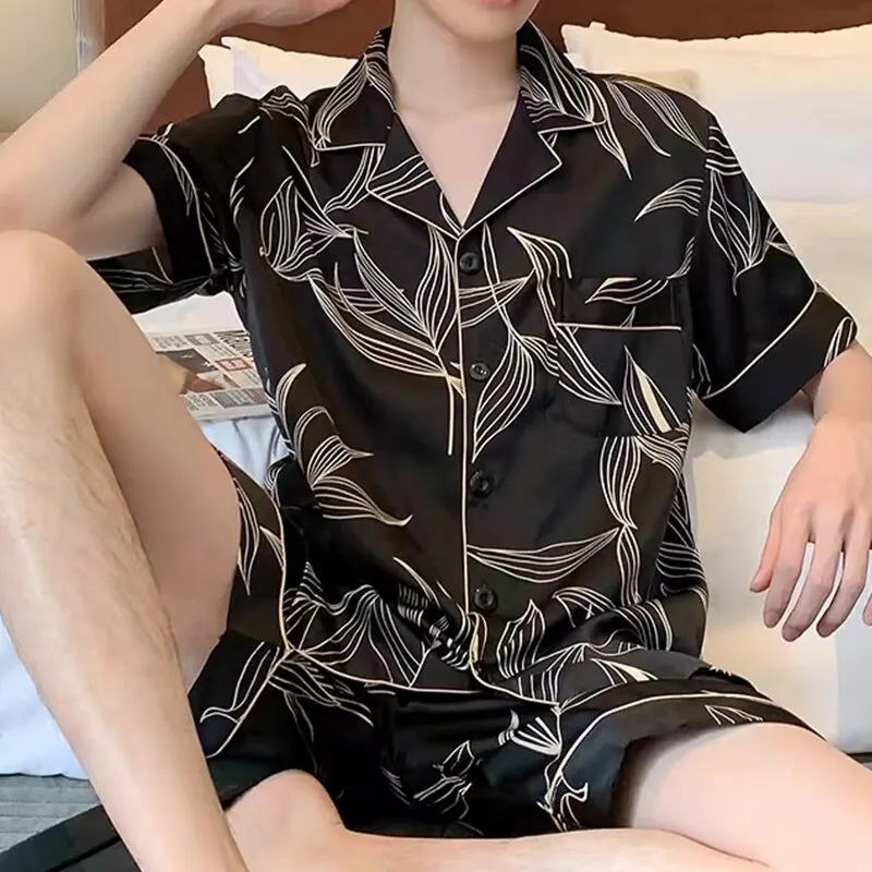 Người Đàn Ông Băng Lụa Bộ Đồ Ngủ Quần Áo Ngủ Màu Đen XL XXL 3XL Áo Sơ Mi Quần Short In Lông Mịn Màu Rắn Giản Dị