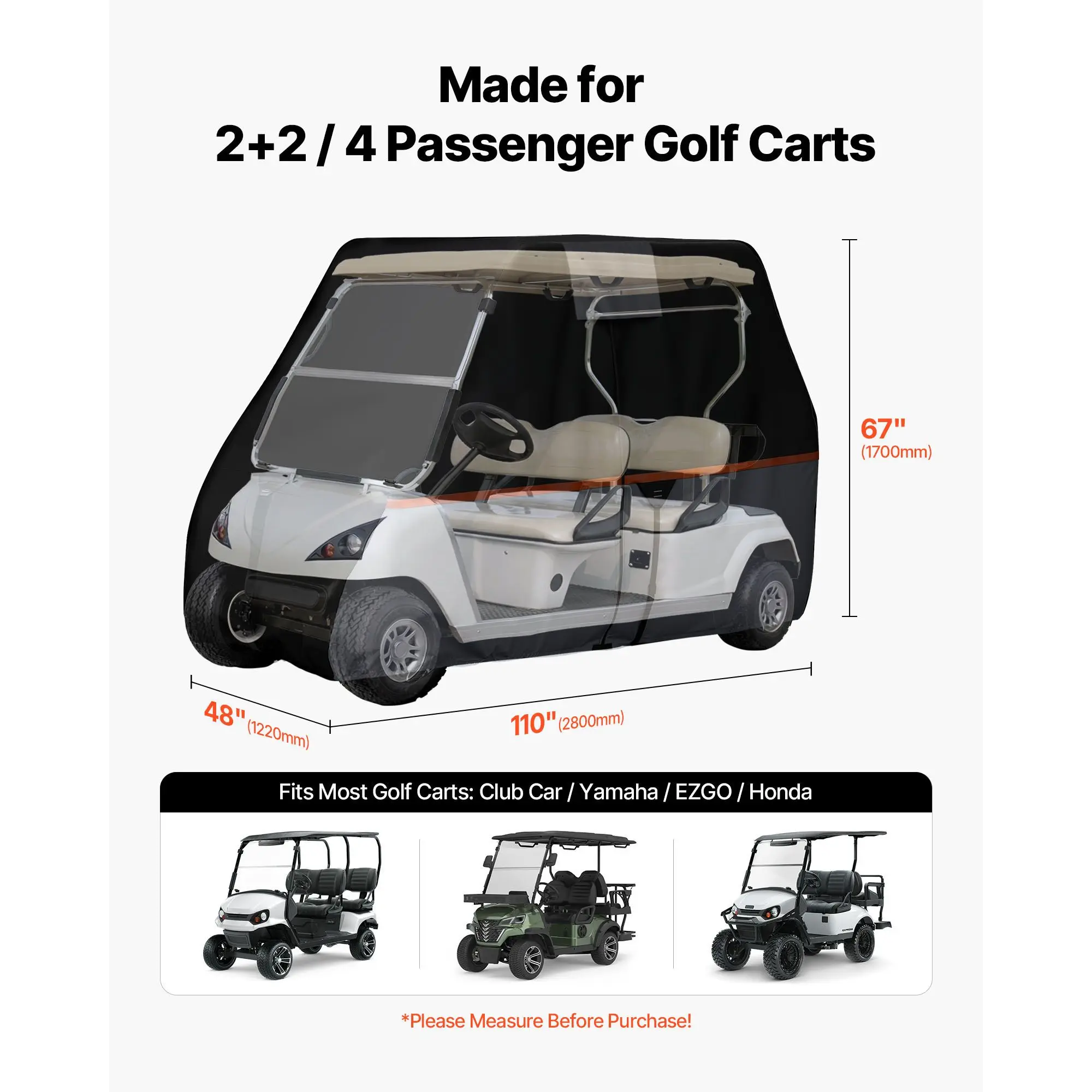 Golf Cart Cover, Full Coverage 2+2/4 Passenger Golf Cart, 420D Waterproof Oxford Fabric Club Car Cover Fits Most Carts Club Car,