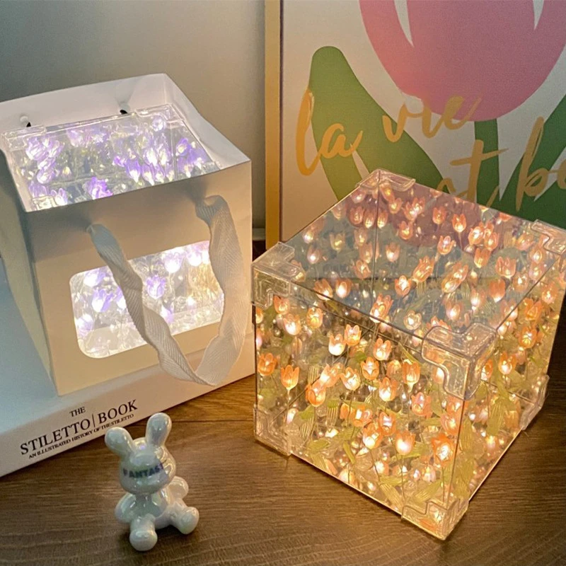 

DIY Flower Sea 3D Cloud Tulip LED Night Light Mirror Table Lamps Bedroom Ornaments Decoration Mirror Table Lamps Bedside Gift