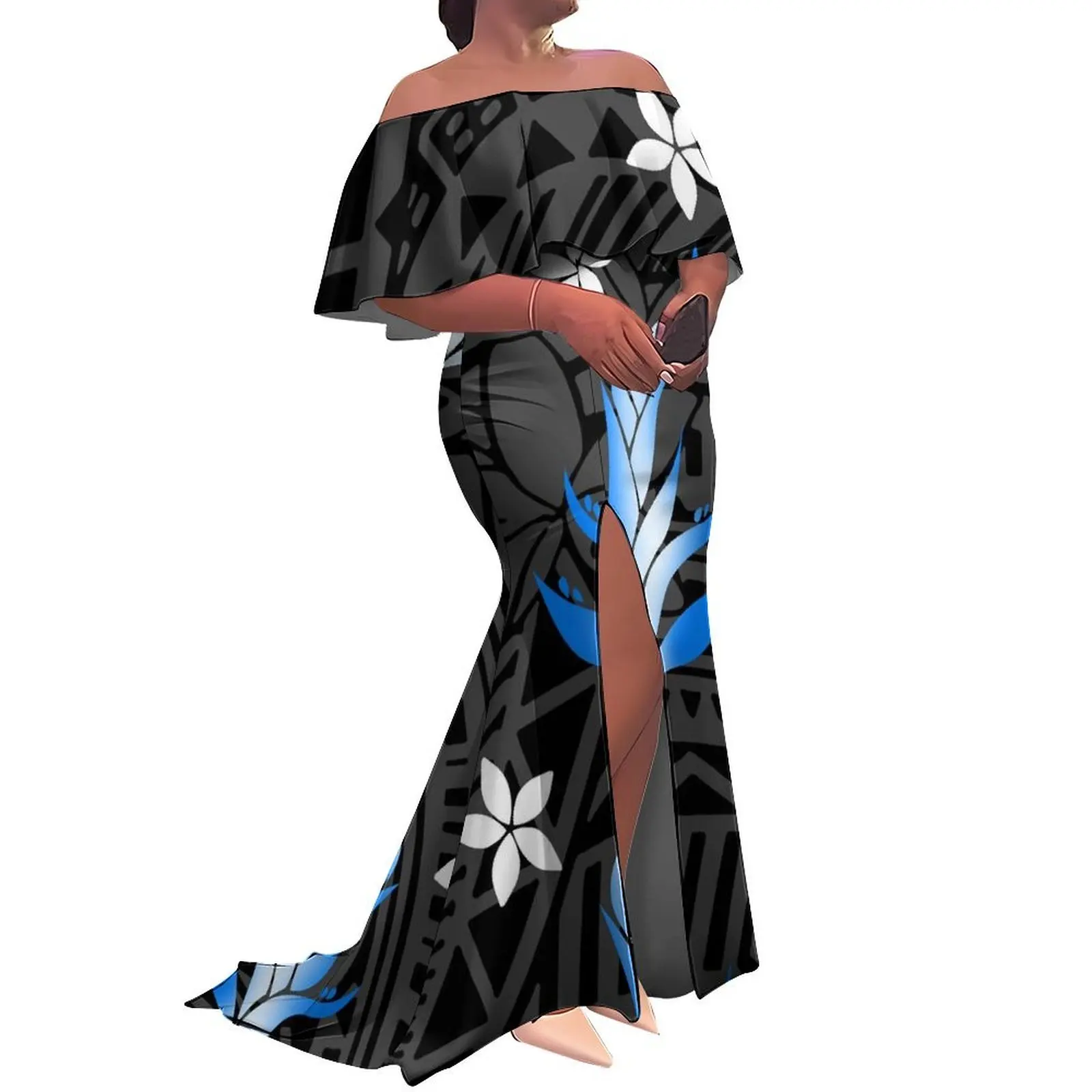 Floral Print Polynesian Pacific Island Style Women'S One-Shoulder Slim Slit Long Dress, Festival Party Floor-Length Dress