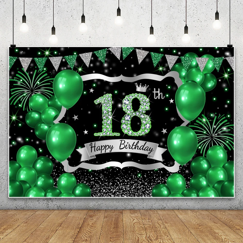 

Happy 18th Birthday Photo Backdrop Green Balloons Theme Girl Boy 18 Years Old Birthday Party Decoration Photography Background