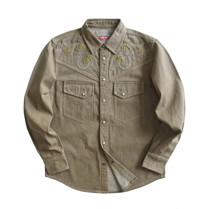 SAUCE ZHAN  Men’s Vintage Western Embroidered Shirt  Long Sleeve Casual Shirt for Spring & Autumn Regular Fit