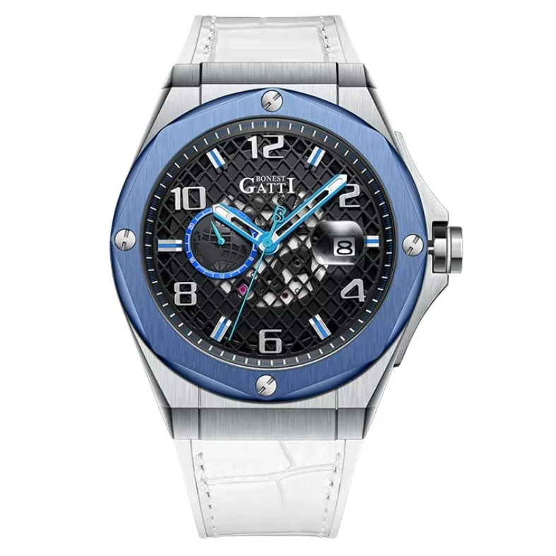 BONEST GATTI Men Automatic Watch 47mm Mechanical Wristwatch Skeleton Dial 50M Waterproof Sapphire Mirror Date 24 Hours
