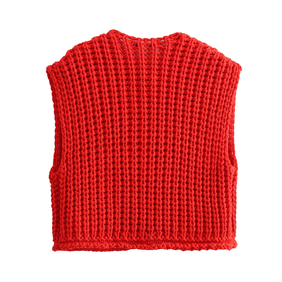 OMCHION Vintage Red Wasitcoat 2024 New Solid Color Big Pocket Vest Women Sleeveless Knitted Cardigan Casual Loose Sweater Coat