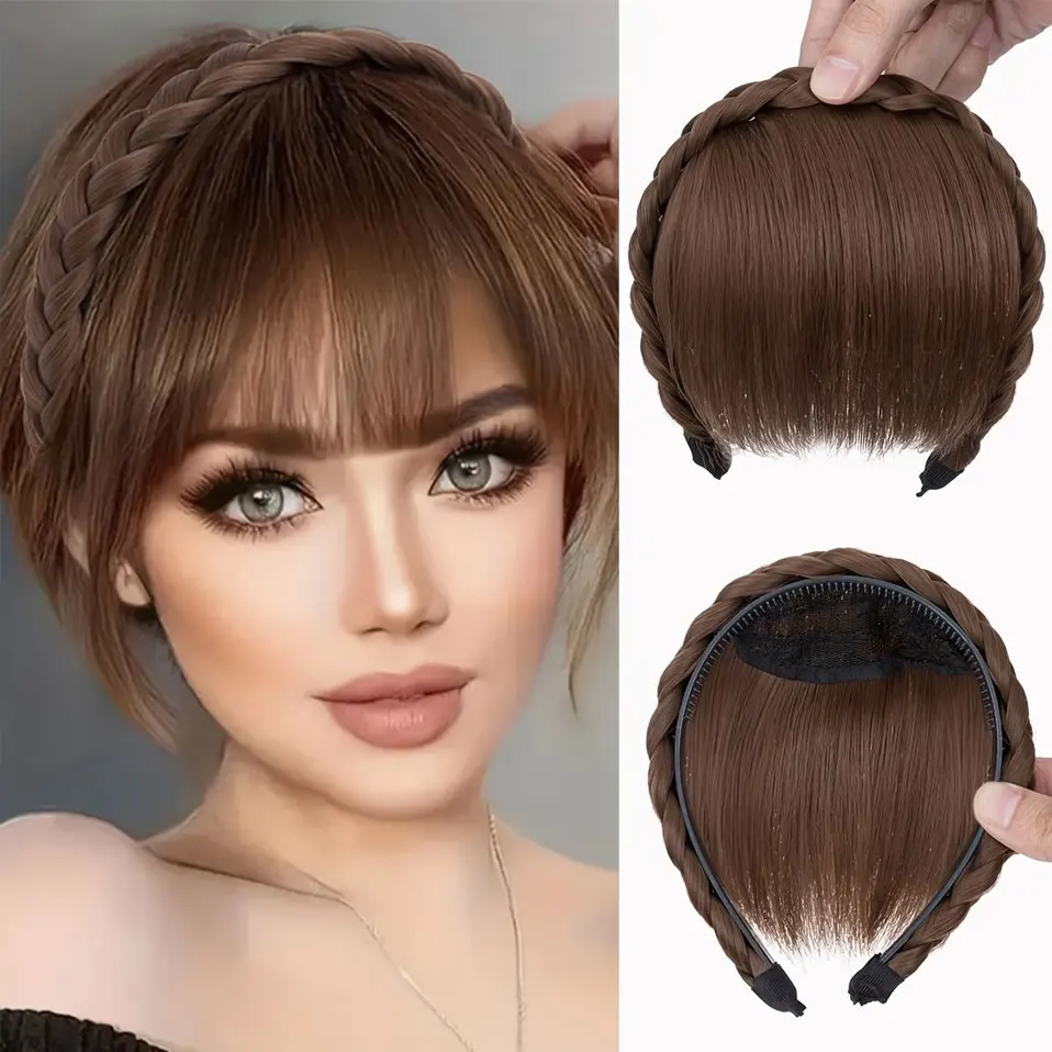 BENEHAIR Braid Headband Synthetic Hair Fringe Headband with Bangs Hairpieces for Daily Wear Women Girls Versatile Bangs