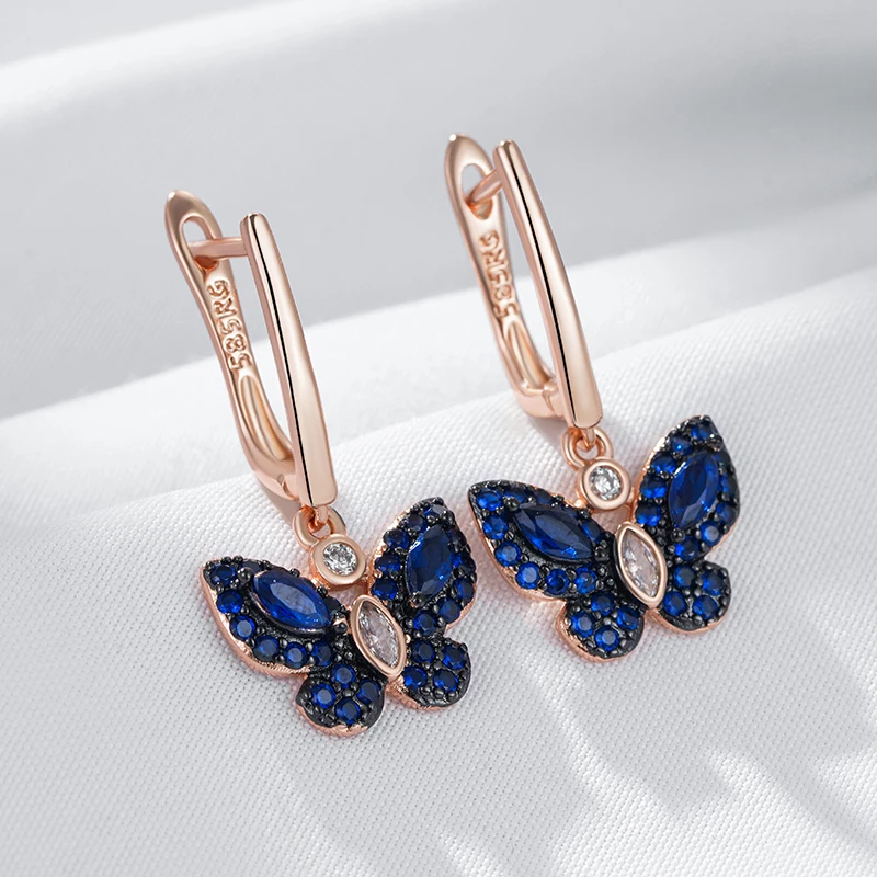 Kinel Hot Blue Natural Zircon Butterfly Drop Earrings For Women 585 Rose Gold and Black Plating Animal Daily Fine Punk Jewelry